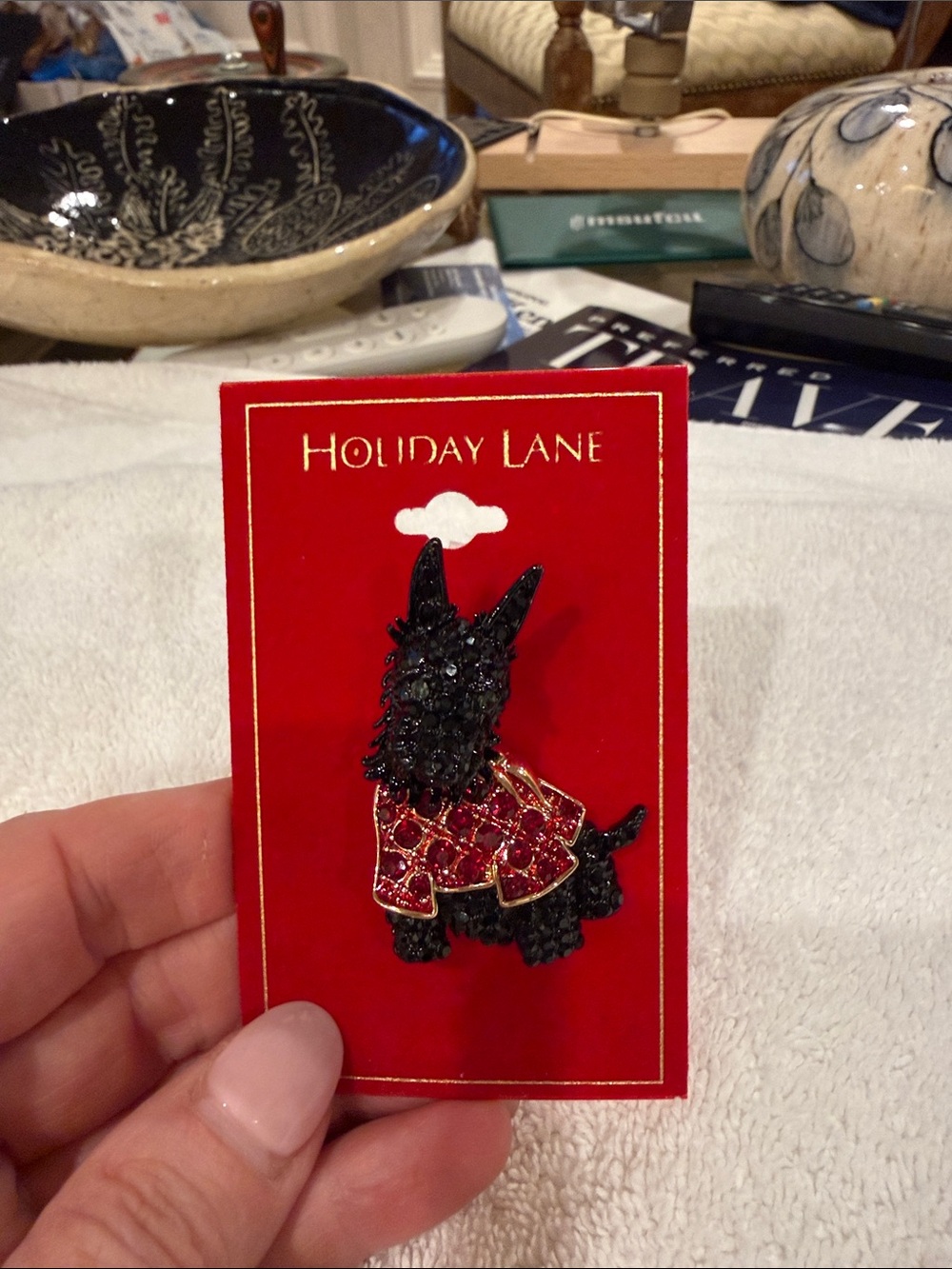 Macy's Black Scottie Dog Brooch with Red Coat